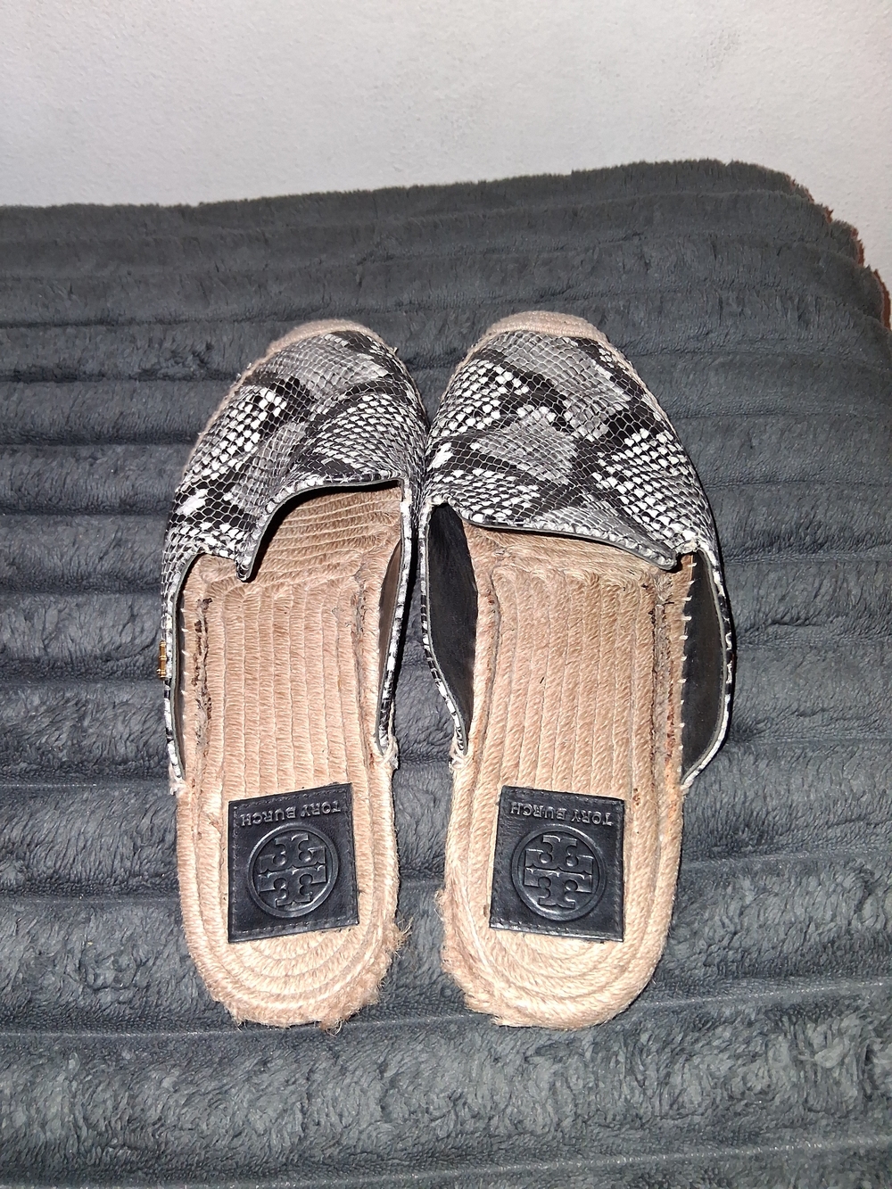 Tory Burch Black & Beige Snake-Print Espadrille Slip-On